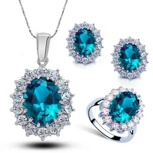 2022 New Arrival Women Multi Colors 925 Sterling Silver Plated Crystal Blue Cubic Zircon Pendant Necklace Jewelry Sets