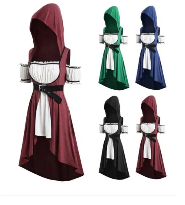 प्लस आकार 5XL 4XL मध्यकालीन हेलोवीन वेशभूषा महिलाओं पोशाक Hooded विषम विंटेज बेल्ट ढीला रेट्रो एक लाइन पोशाक