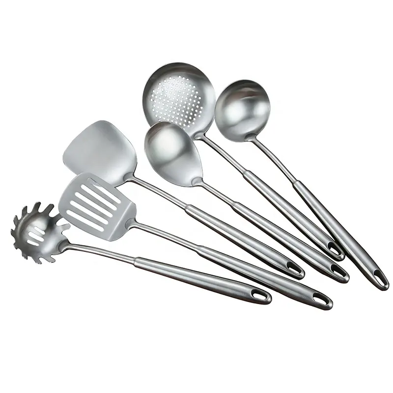 Ensemble d'ustensiles de cuisine en acier inoxydable, 6 pièces, avec spatule à fentes, louche à soupe, serveur de pâtes