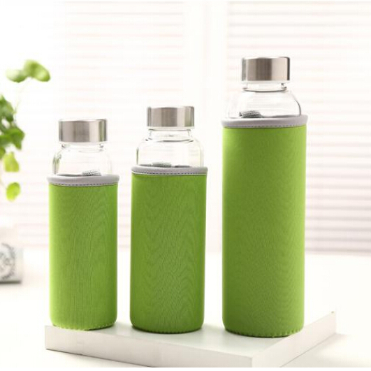 KC-08632 Stylish Glass Water Bottle with black Nylon Sleeve Portable Drinking Bottles