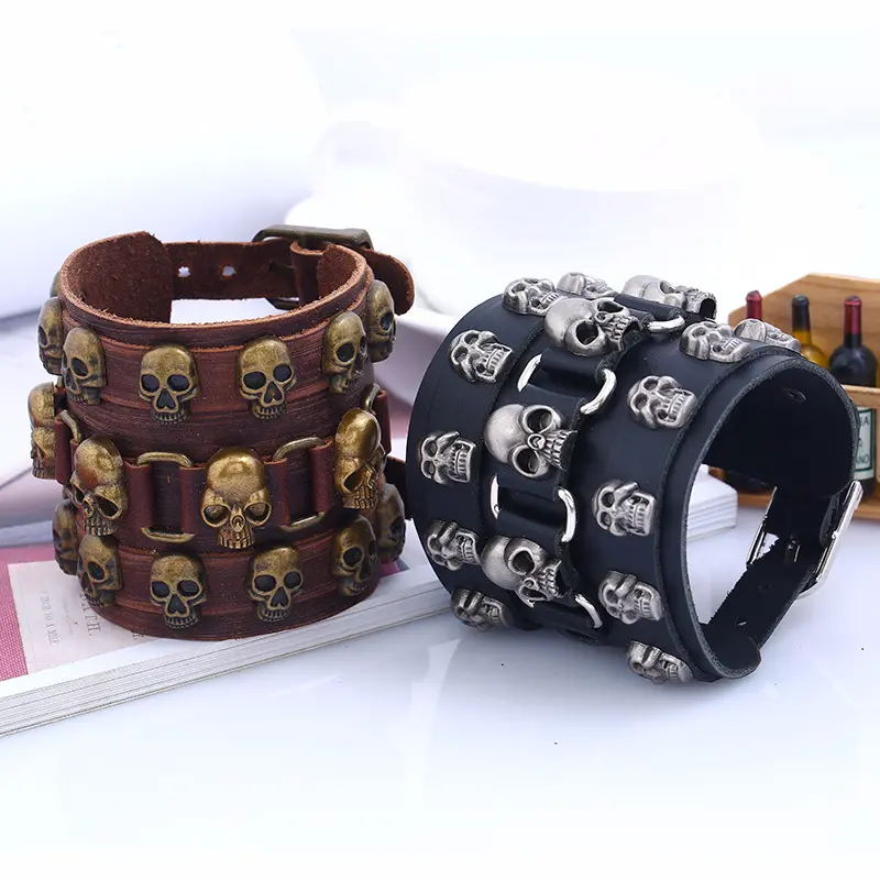 Unique Rock Spikes Rivet Gothic Skeleton Skull Punk Biker Wide Cuff Leather Bracelet