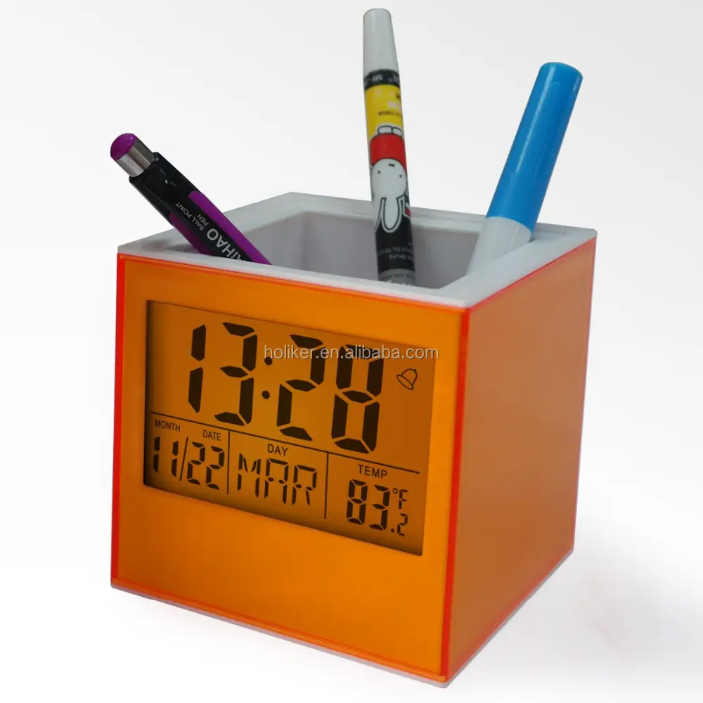 Vendita calda trasparente matita titolare sveglia con display lcd digital desk pen organizer termometro calendario