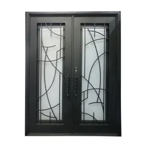OUYA-puerta de hierro forjado de doble entrada, con oscilación de acero y vidrio templado, diseño gráfico, entrada moderna, antirrobo, Exterior, 5 años