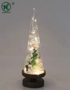 Triangular shaped glass with snowman and christmas tree with resin base wooden elements inside with led lights