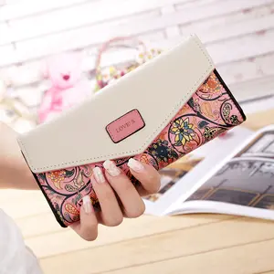 Dompet Wanita Kulit PU 5 Warna, Dompet Wanita Panjang Warna Hit, Dompet Koin Genggam 3 Lipat Bunga