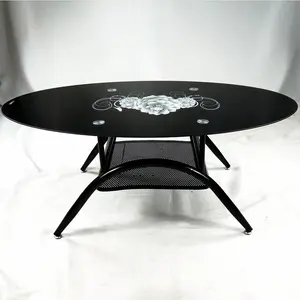 Modern living room iron legs coffee table design oval shaped tempered glass