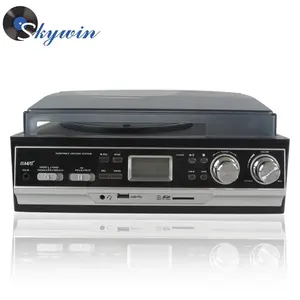 7 in 1 Music Center System Turntable Retro Wooden FM Radio Vinyl Turntable with CD/USB/Cassette/MP3 Player/Aux in