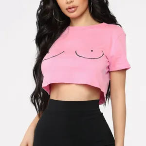 Custom print cartoon breast pink loose fit cotton spandex ladies sexy tees crop top t-shirt for women