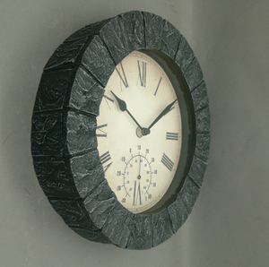 Horloge murale ronde rétro, en fausse pierre, avec un thermomètre et un hygromètre - Product Image 3