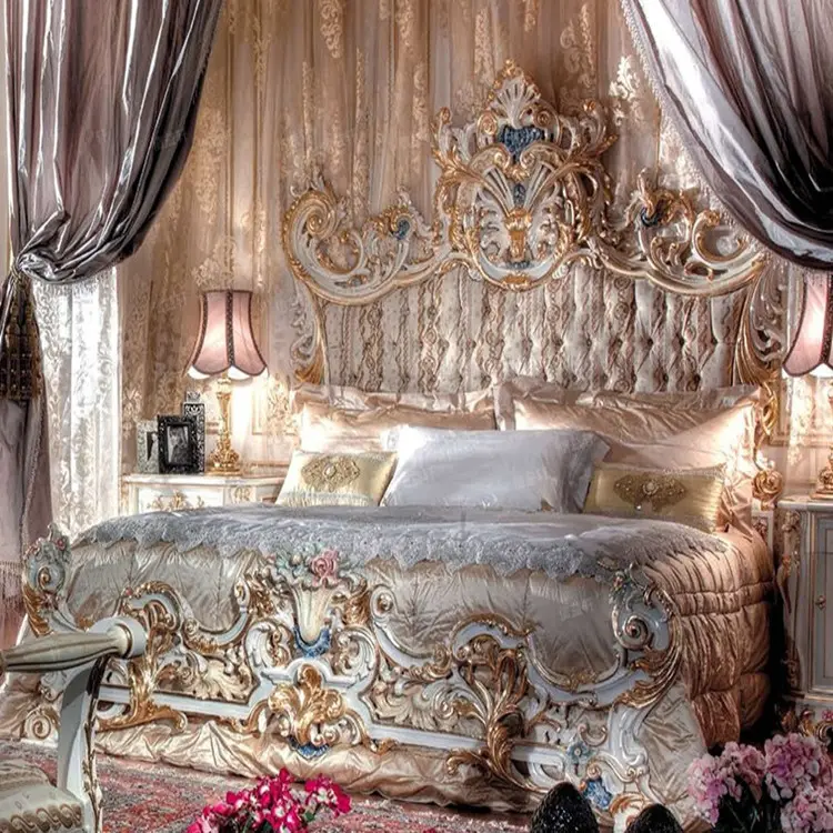 Style italien Royal Impérial Fait Main Européen Rococo Or Feuille Lit Antique pour Chambre À Coucher Principale BF05-0064