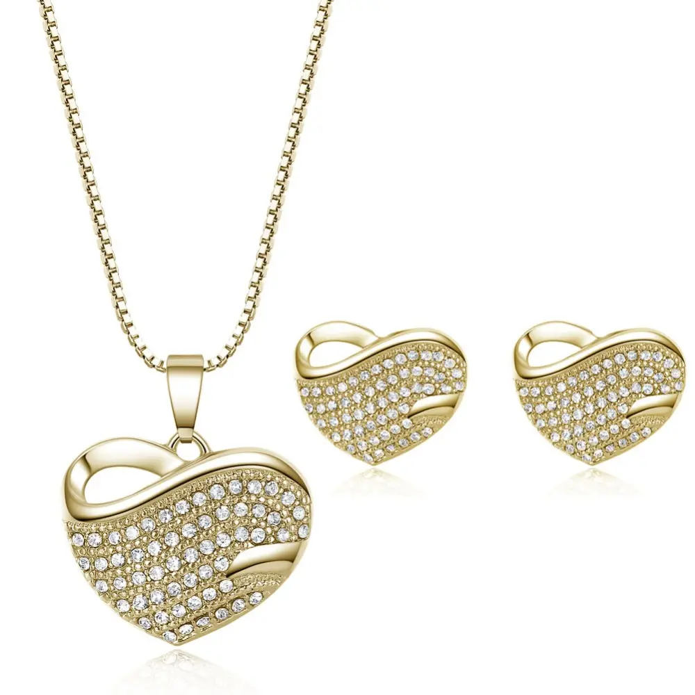Fashion Ladies Alloy Stud Earrings And Necklaces Austrian Crystal Rhinestone 18kgp Heart Gold Jewelry Set