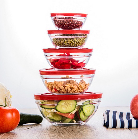 5 pcs glass bowl set with plastic lids glass bowl set fruit glass Mixing Bowl Set