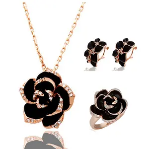 Fashion black flower jewelry set Necklace earrings and rings jewelry set have stocks XJ1223