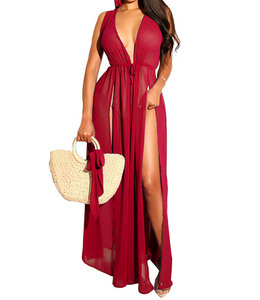 See Through High Split Deep <strong>v</strong> <strong>Neck</strong> Transparent Maxi <strong>Dresses</strong> for Beach - Product Image 6