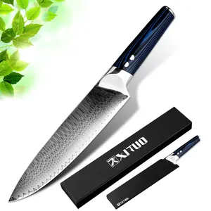 Hot Wholesale Knife Kitchen Damascus Steel 8 inch Professional Chef Knives Blue G10 Handle Frozen Santoku Salmon Cooking Tools