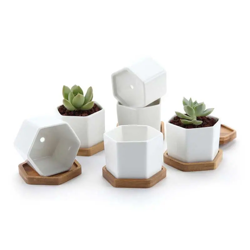 White Ceramic Succulent Flower Garden Plant Pots with Bamboo Tray Decoration