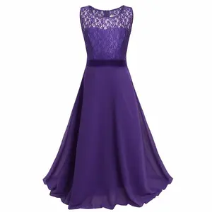 Vestido longo de renda para festa, vestido longo com flores de tule e chiffon para meninas