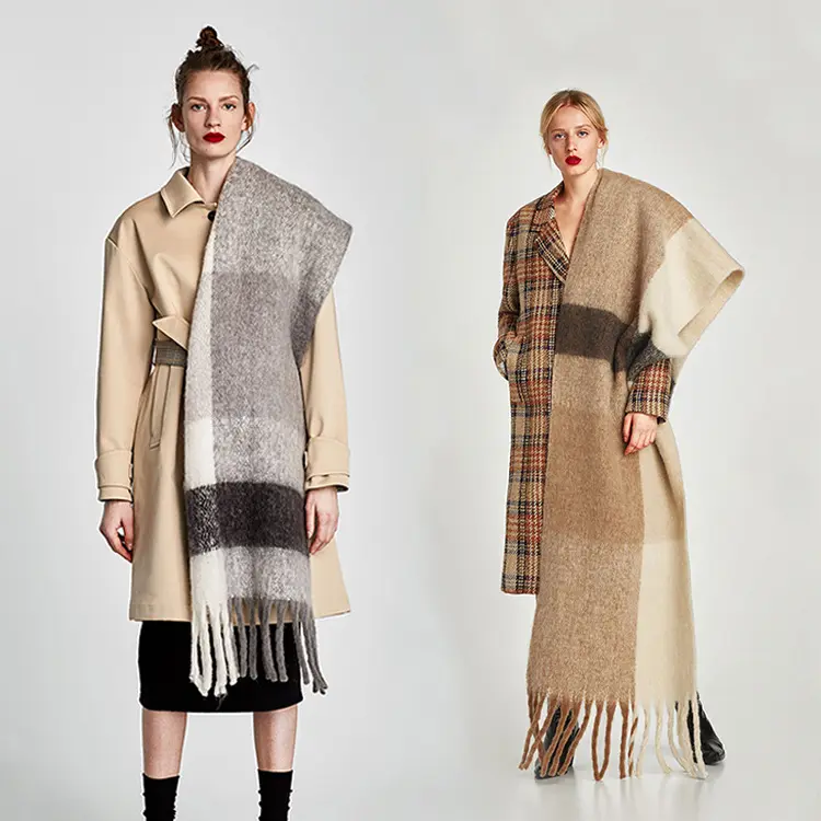Wholesale autumn fashion large long tassel cashmere blanket scarf pashmina shawls acrylic thick winter camel plaid mens scarfs