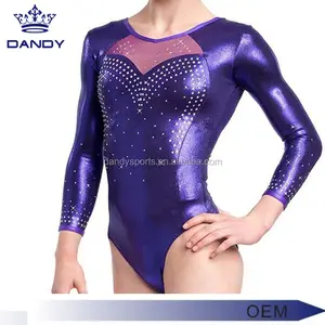 Parlak Spandex kumaş yüzme giyim uzun kollu mavi ritmik jimnastik mayoları kızlar için