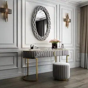 Velvet Dressing Table Set Frame Console Table for Bedroom Grey Gold with Stool Mirror Marble Stainless Steel Modern Pine Panel