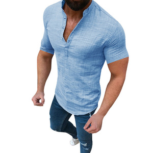 Nuovi Uomini di Estate del Cotone di Modo di <span class=keywords><strong>Lino</strong></span> Camicia Button-down Manica Corta Collare Del Mandarino Vestiti di Colore Solido Casuale Top - Product Image 3