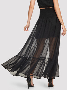 Custom Women Clothing Ruffle Hem Dot Long <strong>Black</strong> Chiffon <strong>Beach</strong> <strong>Skirt</strong>