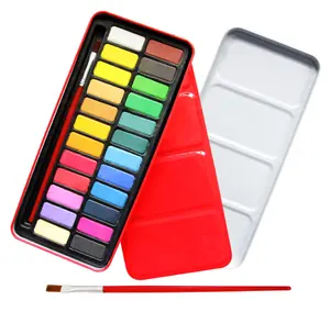 Cheap Professional Solid Watercolor Paint Set 24 Colors Red Metal Box Cake Solid Watercolor Paint With Brush