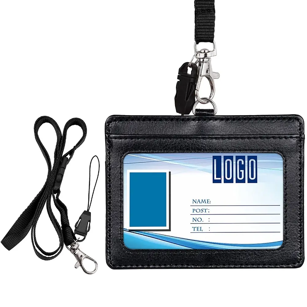 ID Card Holder With Zip Double Sided PU Leather ID Wallet Case PU Neck Lanyard Badge Holder