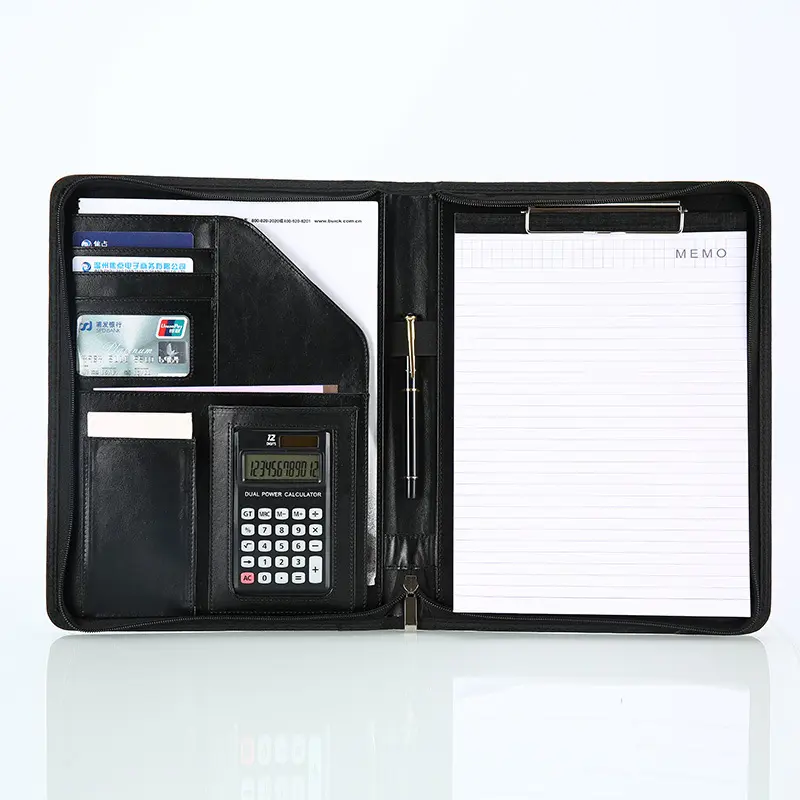 Leder Business Portfolio Tasche A4 Datei Ordner Organizer Full Zipper Closure Pad folio mit Taschen rechner und Notizblock
