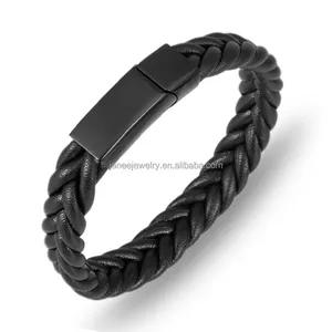 Pulsera de cuero trenzado negro liso para hombre, joyería grabable, venta al por mayor