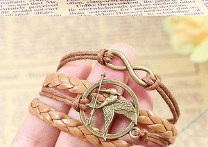 กำไลข้อมือหนัง PU สไตล์วินเทจ ลายล้อเลียนจาก Hunger Games พร้อมจี้รูปนก คิวปิด ลูกศร ความรัก และ Mockingjay สำหรับผู้ชาย - บริการดรอปชิป - Product Image 4