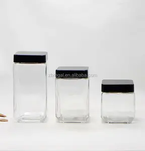 S/3 Clear Square Glass Canister Jars With Black上蓋