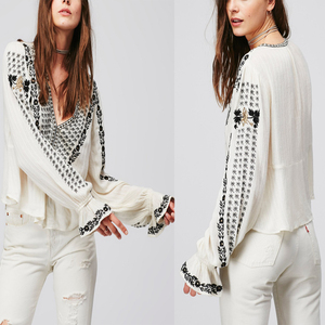 Autunno tunica per donna a manica lunga Top in cotone lino con motivo floreale ricamato a pieghe Boho ufficio <span class=keywords><strong>camicette</strong></span> Casual - Product Image 5