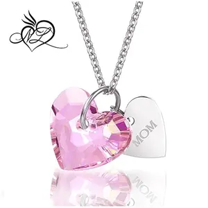 Women Charming Crystal Heart Shaped Stone Stainless Steel Engraved 'MOM' Necklace Mother's Day Gift for Her