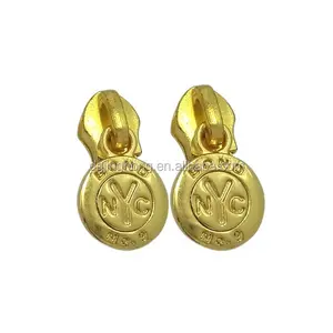 Double sided logo round gold metal reversible zipper slider