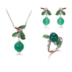 Tree Leaves Green Agate 925 Sterling Silver Jewelry Set with Gold Plated