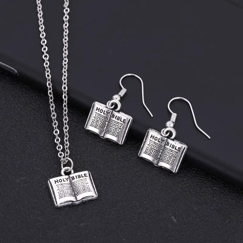 2019 Wholesale Ladies Girls Metal Zinc AlloyJewelry HOLY Bible Book Charm Wedding Fashion Sliver Necklace Earring Jewelry Sets