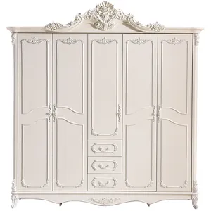 Antik Silber Geschnitzt Weiß Fünf Tür Holzplatte MDF Almirah Kleiderschrank Designs in Schlafzimmer Wand