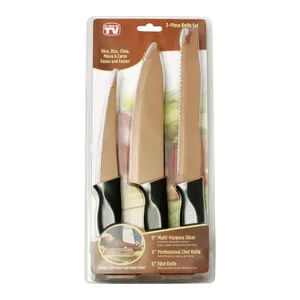 电视上的3pcs刀套厨师家庭创新铜色菜刀套装，带双吸塑卡包装