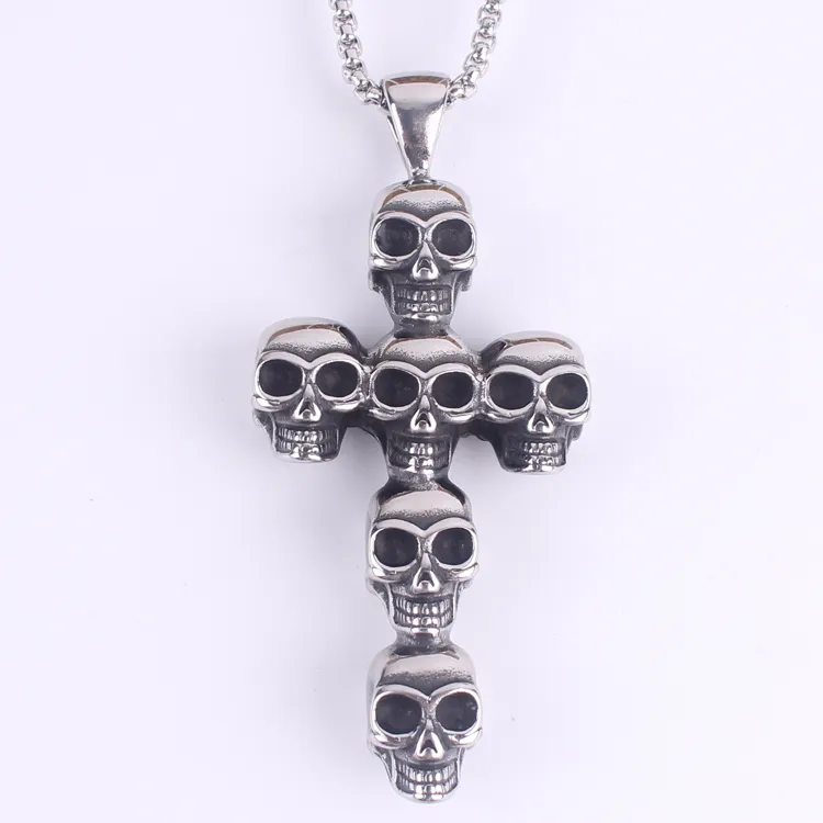 Cross Catholic skull necklace Skeleton Wholesale Large Stainless Steel Skull Cross Pendant Biker Mens Necklace Jewelry