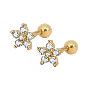 Gold Titanium Anodized Cartilage Earrings with Prong Set CZ Flower