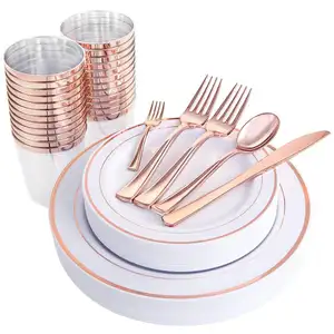 175 Buah Piring Plastik Rose Gold & Cangkir Plastik Silverware & Cangkir Rose Gold, 25 Set Peralatan Makan Sekali Pakai: 25 Garpu Sendok Pisau