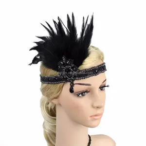 Fashion Hair Decoration Vintage black Beaded 20s Headpiece 1920s Flapper Feather Headbands