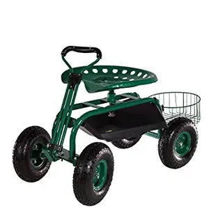 Chariot de jardin vert robuste avec siège roulant, plateau à outils et panier - Product Image 1