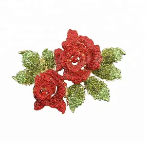 Handmade 2.75 Inch Red Rhinestone Rose Flower Brooches Pin Valentine's Day Gift Brooch Custom Women Brooch
