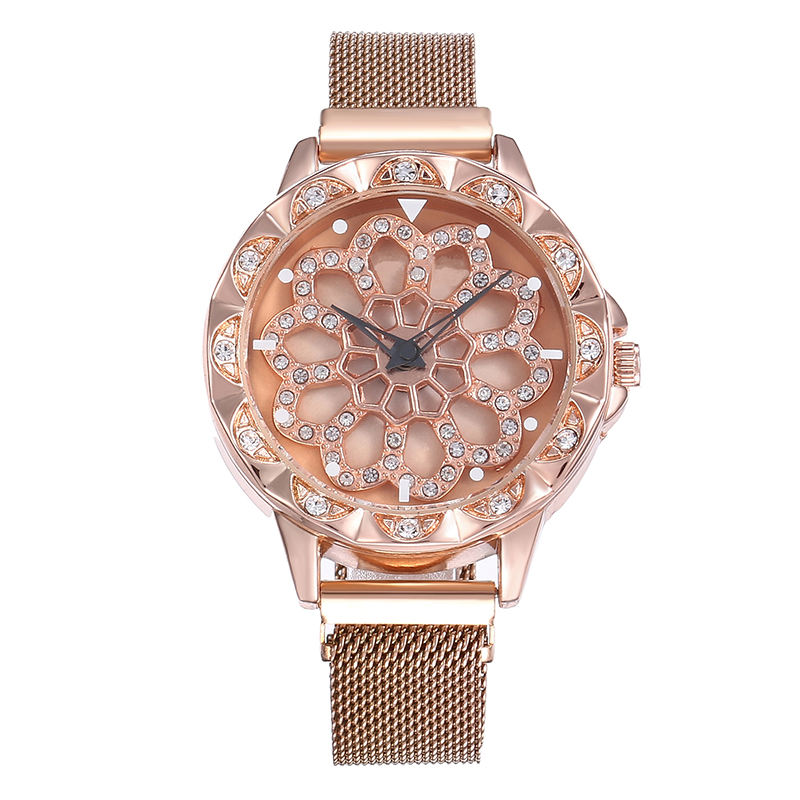 Rose Gold Women's Watch with Crystal Mesh Belt Rotate Flower Dial