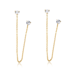American Style Set Long <strong>Chain</strong> <strong>Earrings</strong> <strong>Stud</strong> <strong>Earrings</strong> Gold Two Small Zircon Stone Women's 925 Sterling Silver European 14K - Product Image 2