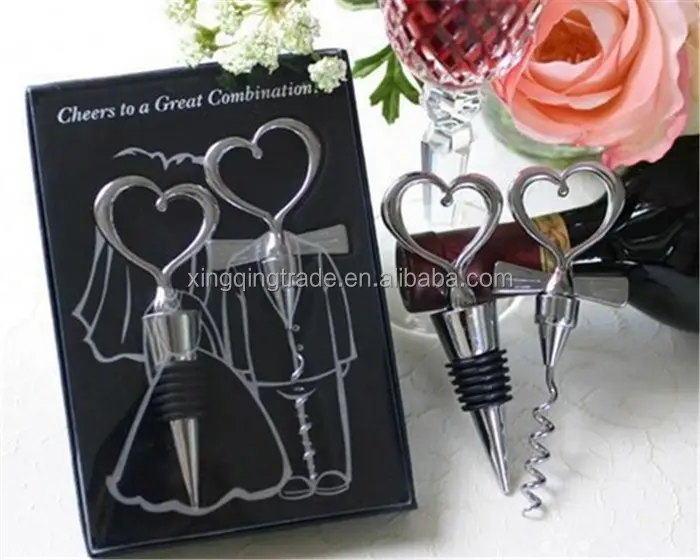 Love Heart Corkscrew Wine Bottle Opener + Wine Stopper Wedding Gift Favors Bottle Opener Set