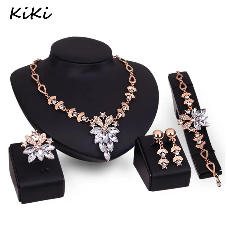 >>>4 Pcs/One Set Women'S Gold Color Flower Red Rhinestone Link Chain Hollow Out Necklace Earring Ring Women Gold Jewelry Set