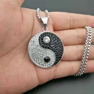 Liontin Perhiasan Berlian Imitasi Kristal Hitam dan Putih Filosofi Tao Chi Simbol Cina Kalung Yin Yang